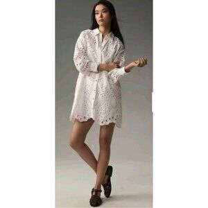 By Anthropologie Boho Long-Sleeve Casual Eyelet Mini Shirt Dress Medium White